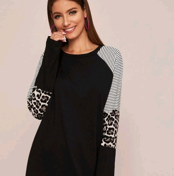 SHEIN Tops - Black and White Women's Top with Leopard Print Sleeves